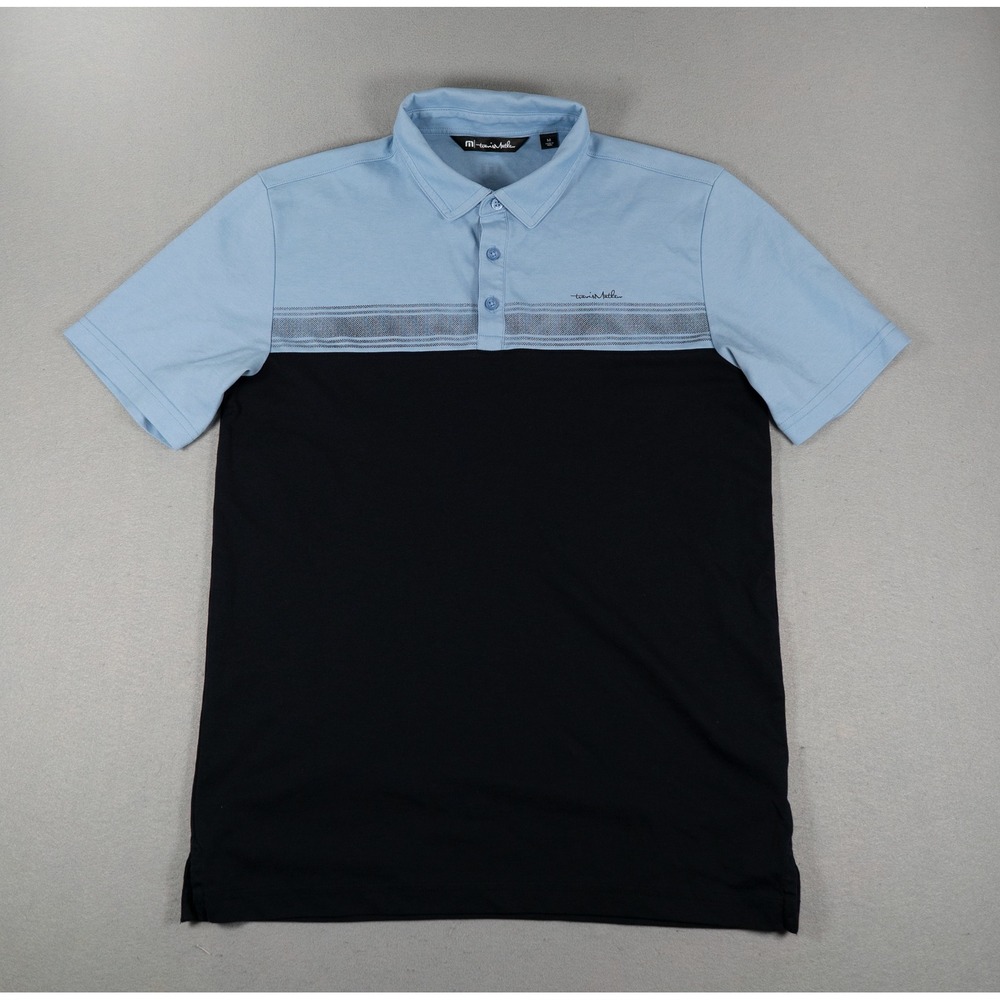 TravisMathew Mens Polo Shirt Colorblock Chest Stripe Blue Black Size M Golf